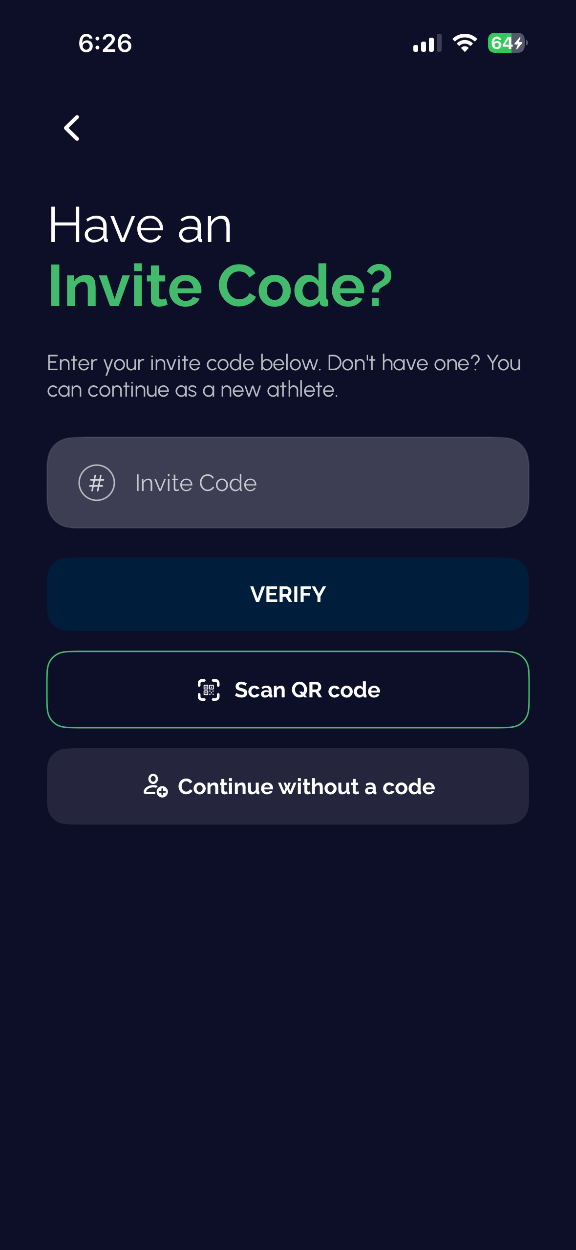 Valor Vision iOS app invite code screen, the first step of athlete signup, where the athlete enters the code sent by their organization.