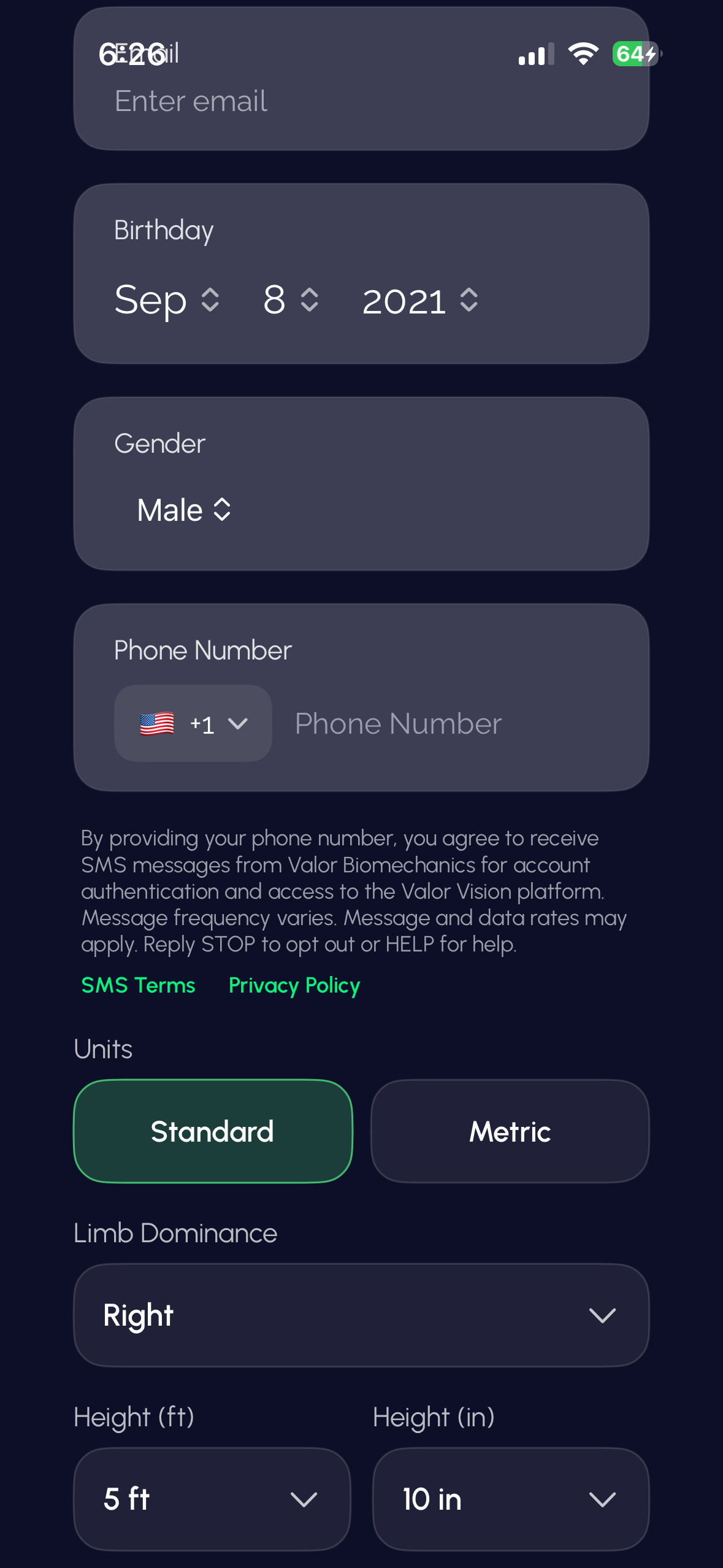 Valor Vision iOS app signup screen showing the phone number entry field with the SMS consent disclosure displayed directly beneath it, alongside links to the SMS Terms and Privacy Policy.