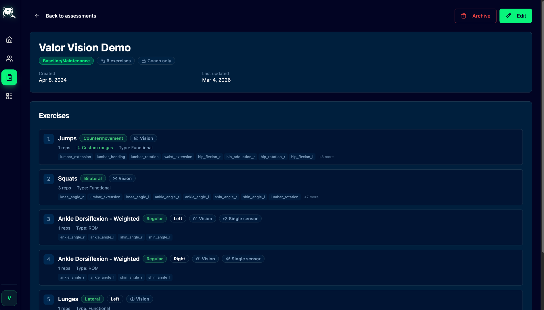 Assessment plan builder in Valor Vision: exercises like jumps, squats, and ankle dorsiflexion, each with reps and the joint measures it tracks