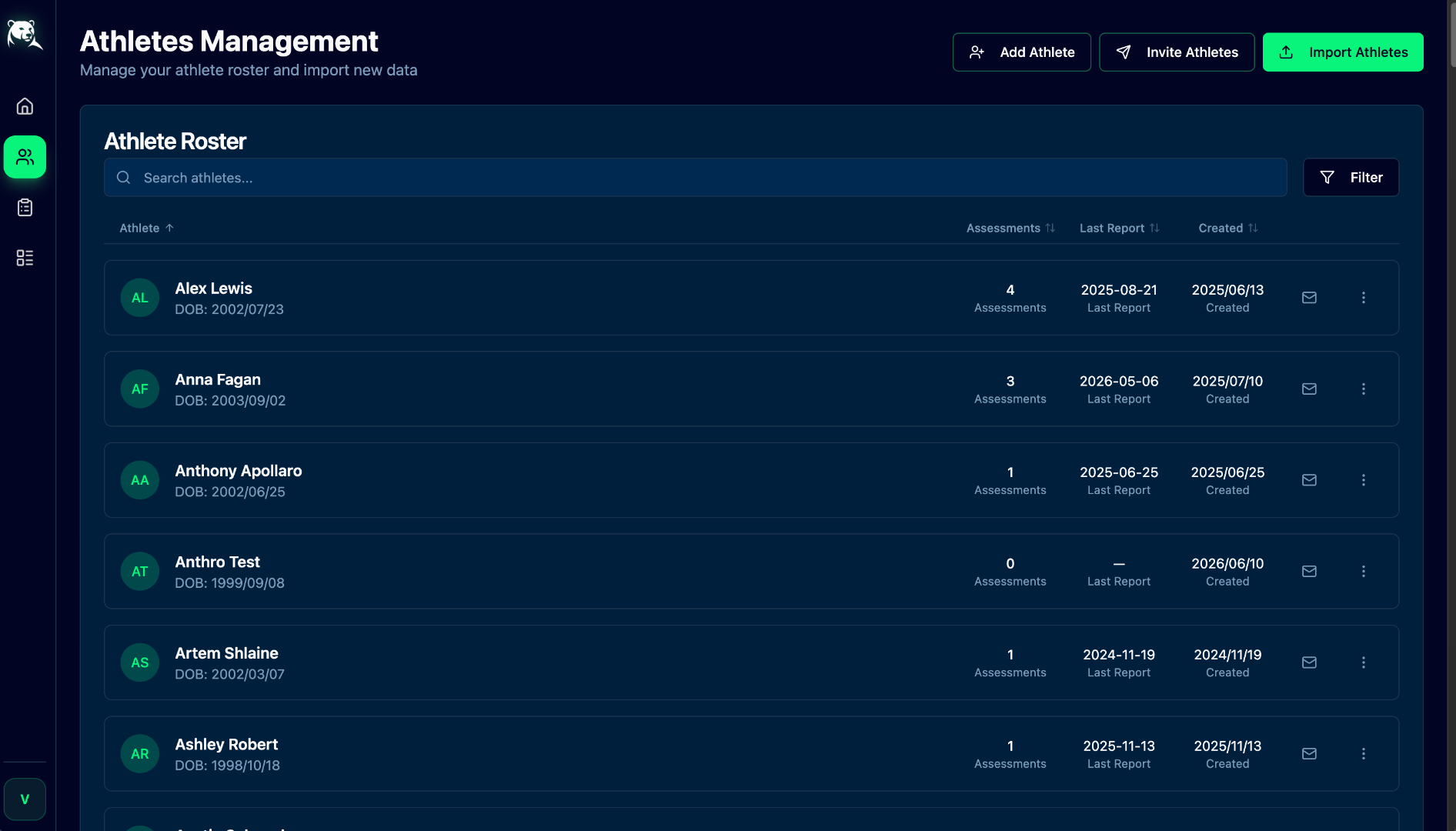 Athletes Management screen: searchable roster with assessment counts and last-report dates
