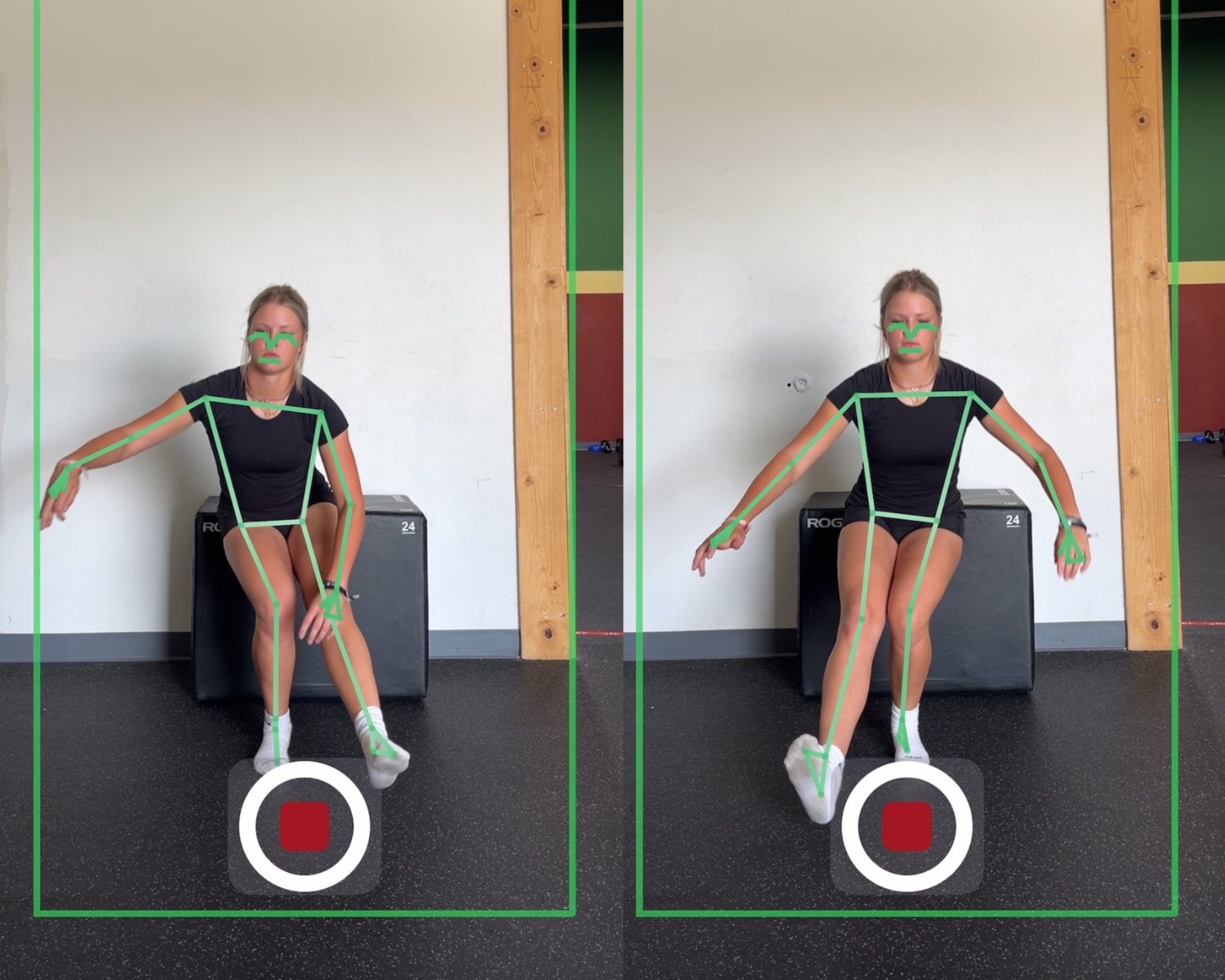 Guided capture in Valor Vision: an athlete tracked by the live skeleton overlay inside the framing guide, with one-tap record