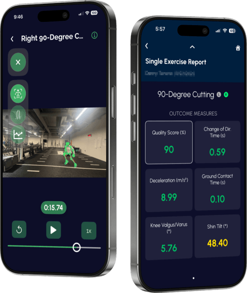 Valor Vision on two iPhones: 90-degree cutting playback with the skeleton overlay, and the Single Exercise Report with a 90 quality score