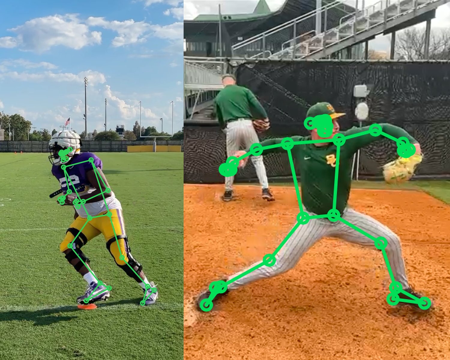 On-field performance capture: a football player's change-of-direction cut and a baseball pitcher's delivery, each tracked by the skeleton overlay
