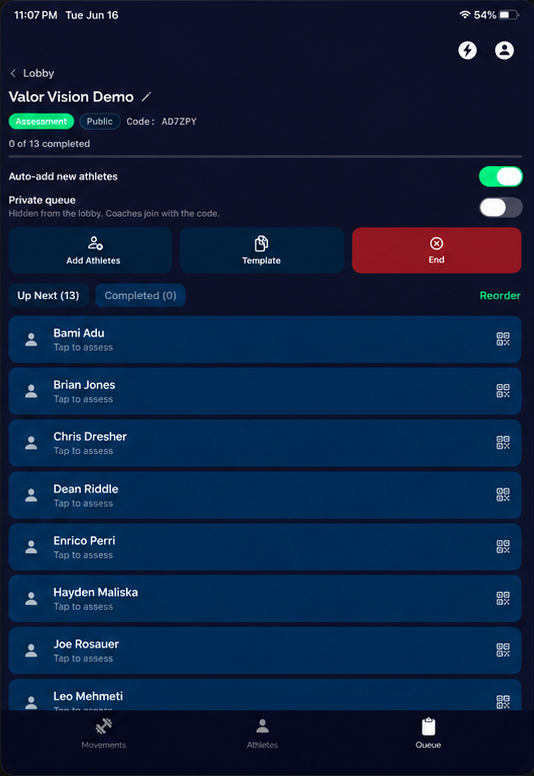 Live assessment queue on iPad: 13 athletes up next, synced across devices